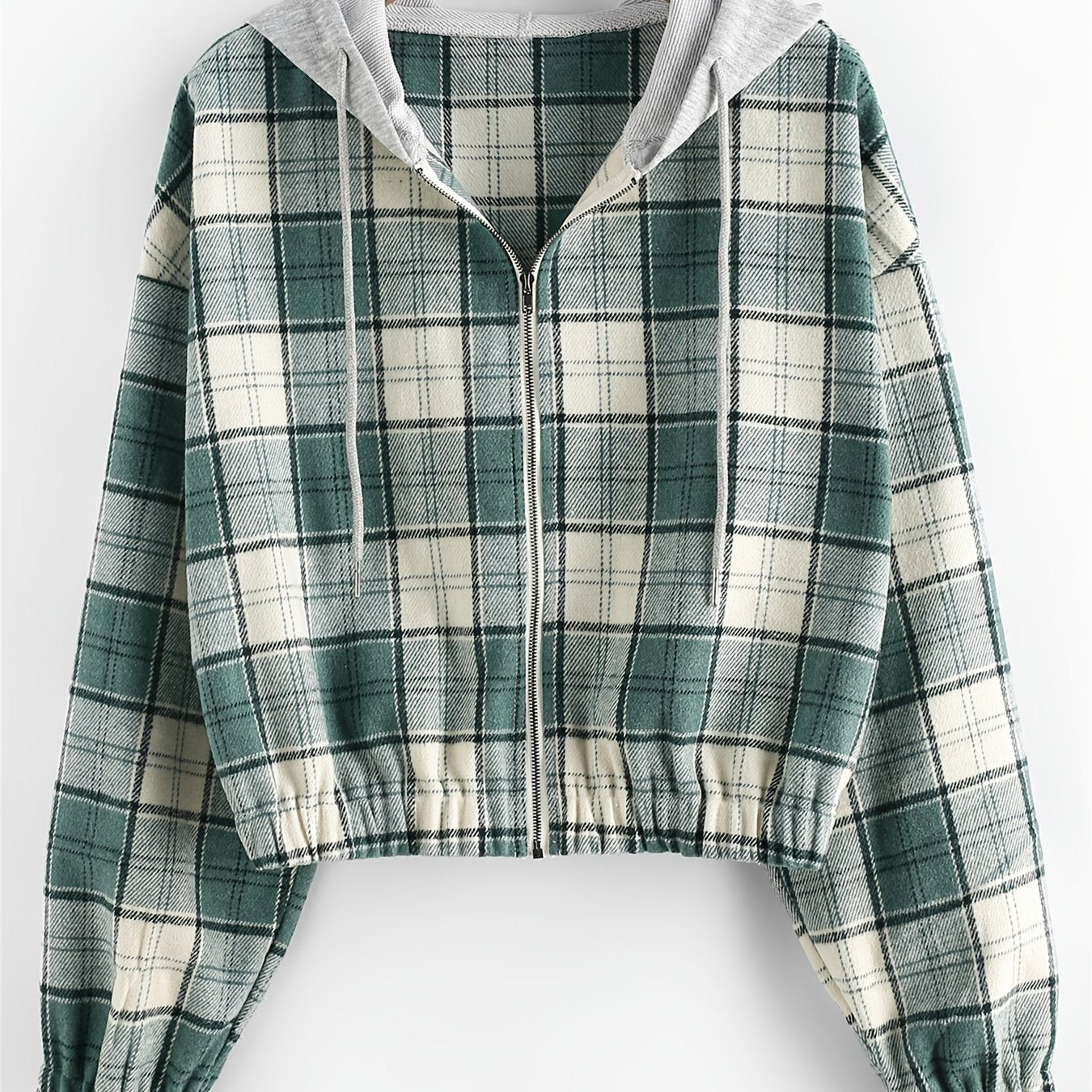 Plaid Crop Jacket Hooded Zipper