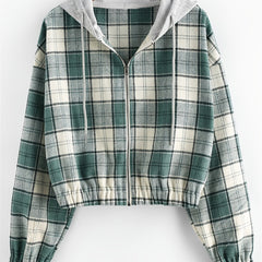 Plaid Crop Jacket Hooded Zipper