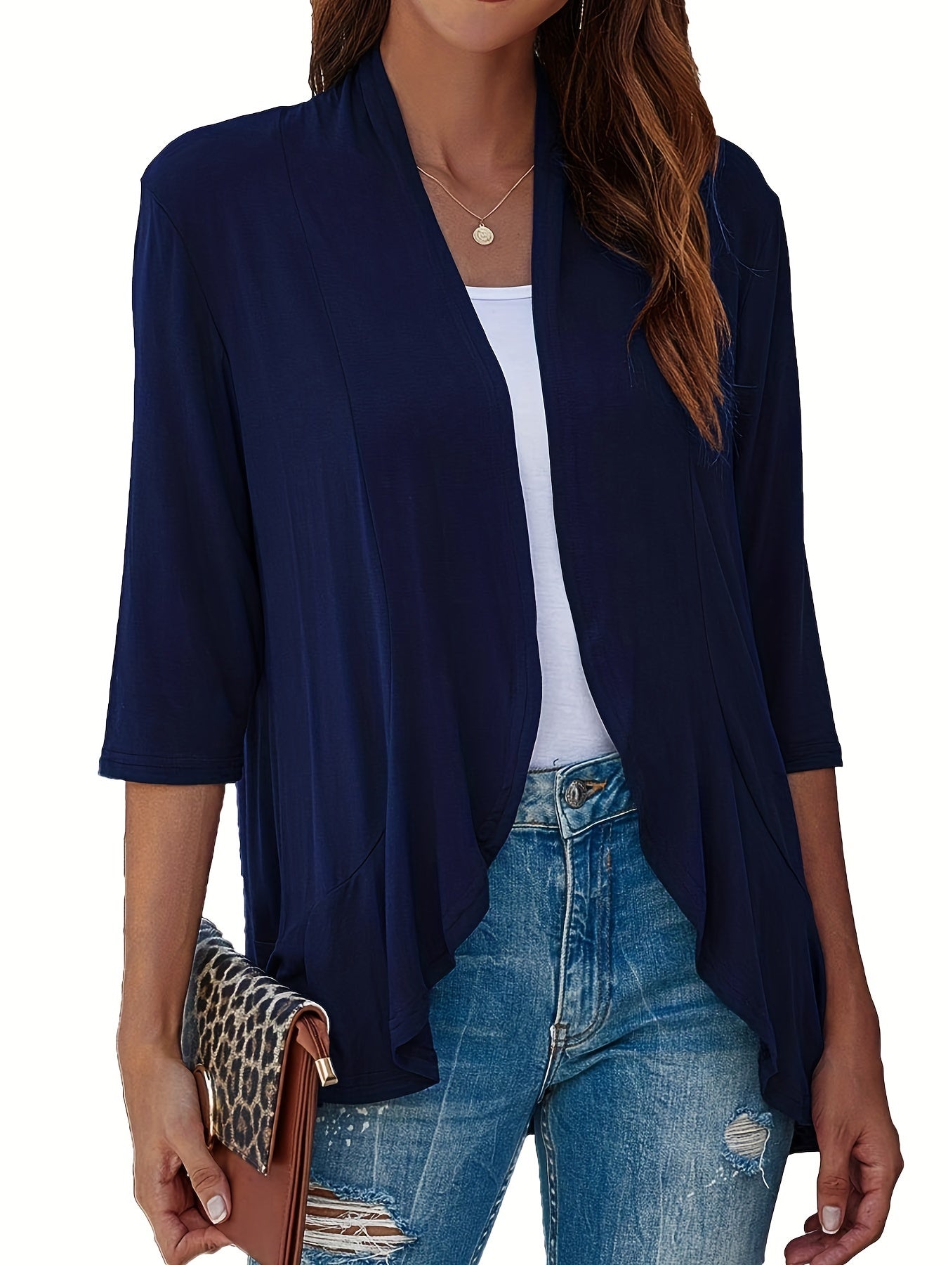 Casual Cardigan Women's Plus Solid Three Quarter Sleeve Ruffle Trim