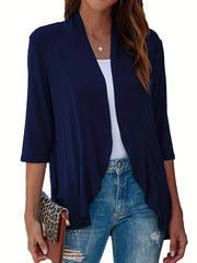 Casual Cardigan Women's Plus Solid Three Quarter Sleeve Ruffle Trim