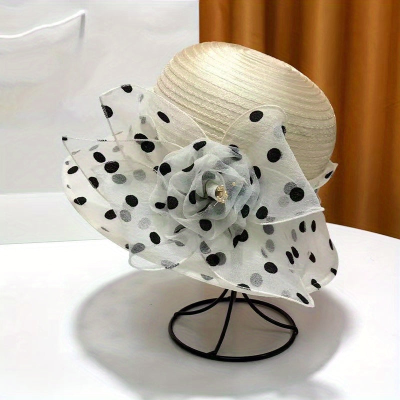 Polka Dot Organza Bucket Hat Flower Decor Sun Hats