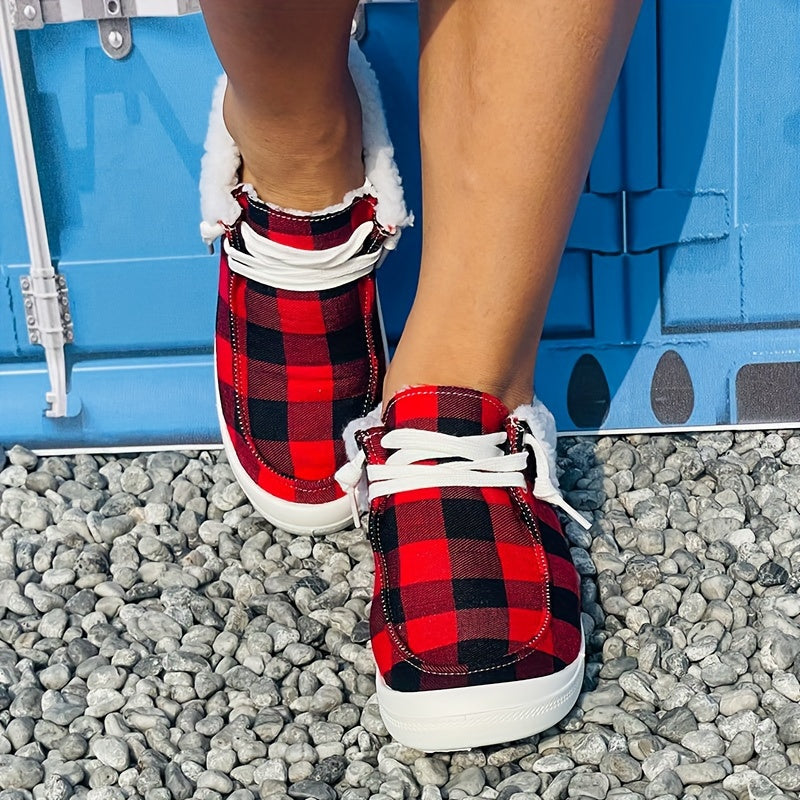 Women's Red Plaid Print Warm Sneakers Lightweight Comfortable Flat Sneakers