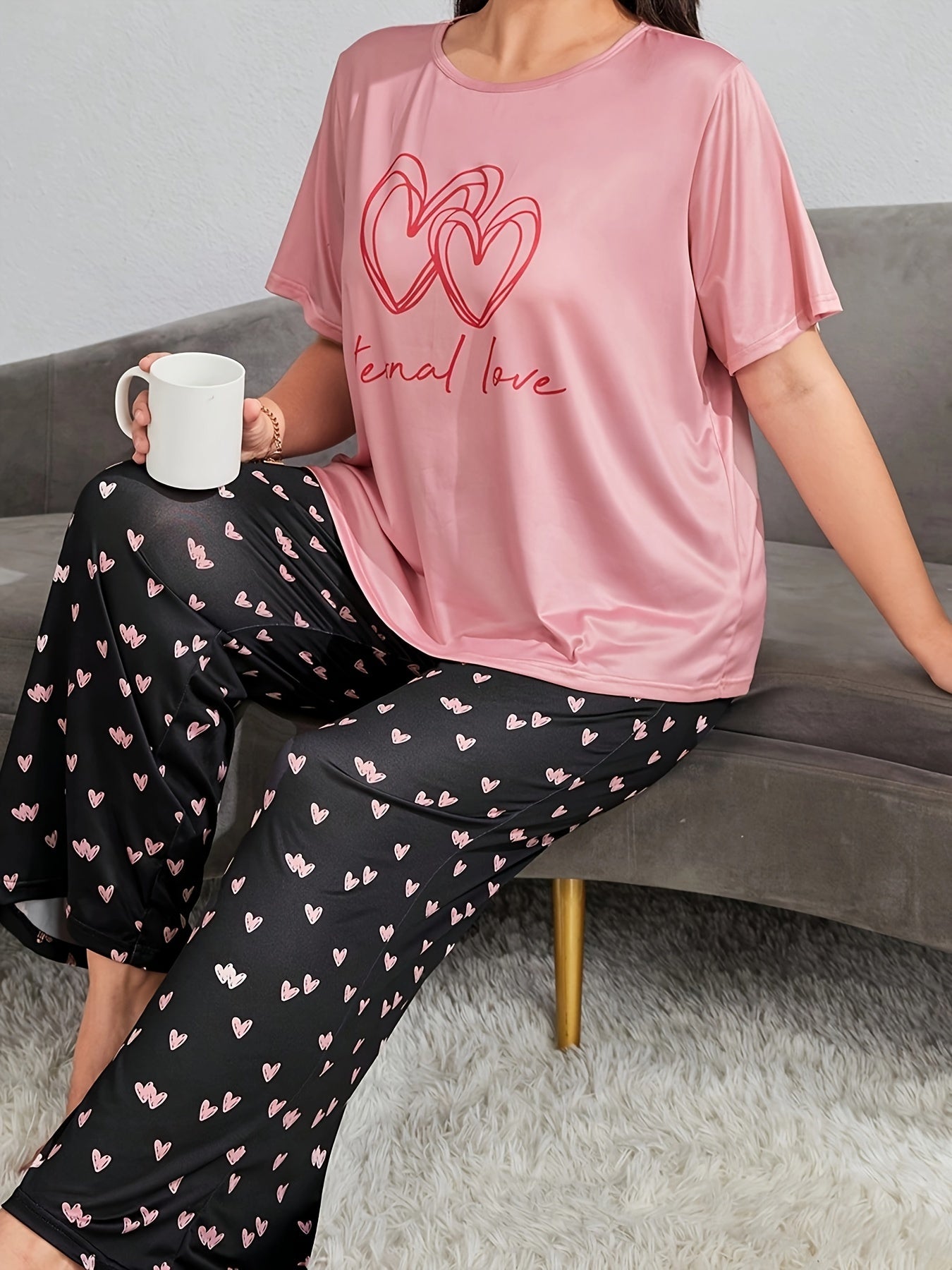 Heart & Slogan Print Pajamas Set Women's Tee & Pants Lounge 2 Piece