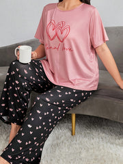 Heart & Slogan Print Pajamas Set Women's Tee & Pants Lounge 2 Piece