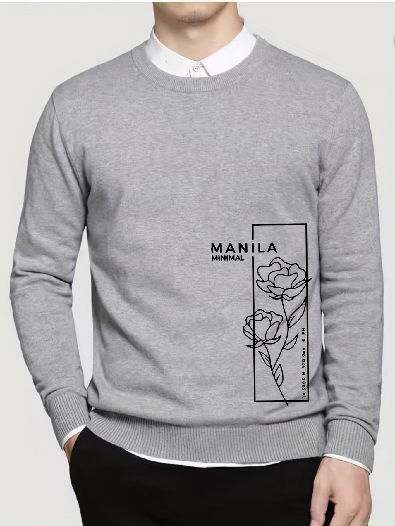 Rose Print Knitted Sweater Men's Crew Neck Pullover For Fall Winter