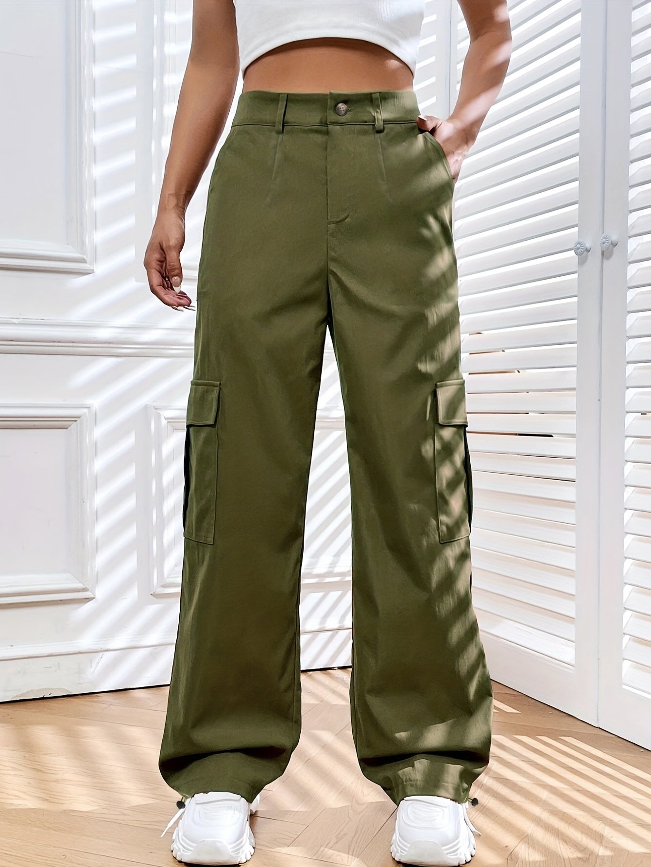 Solid Pocket Cargo Pants Casual Loose Elastic Waist Pants Women's Clothing