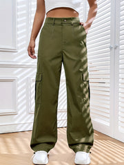 Solid Pocket Cargo Pants Casual Loose Elastic Waist Pants Women's Clothing