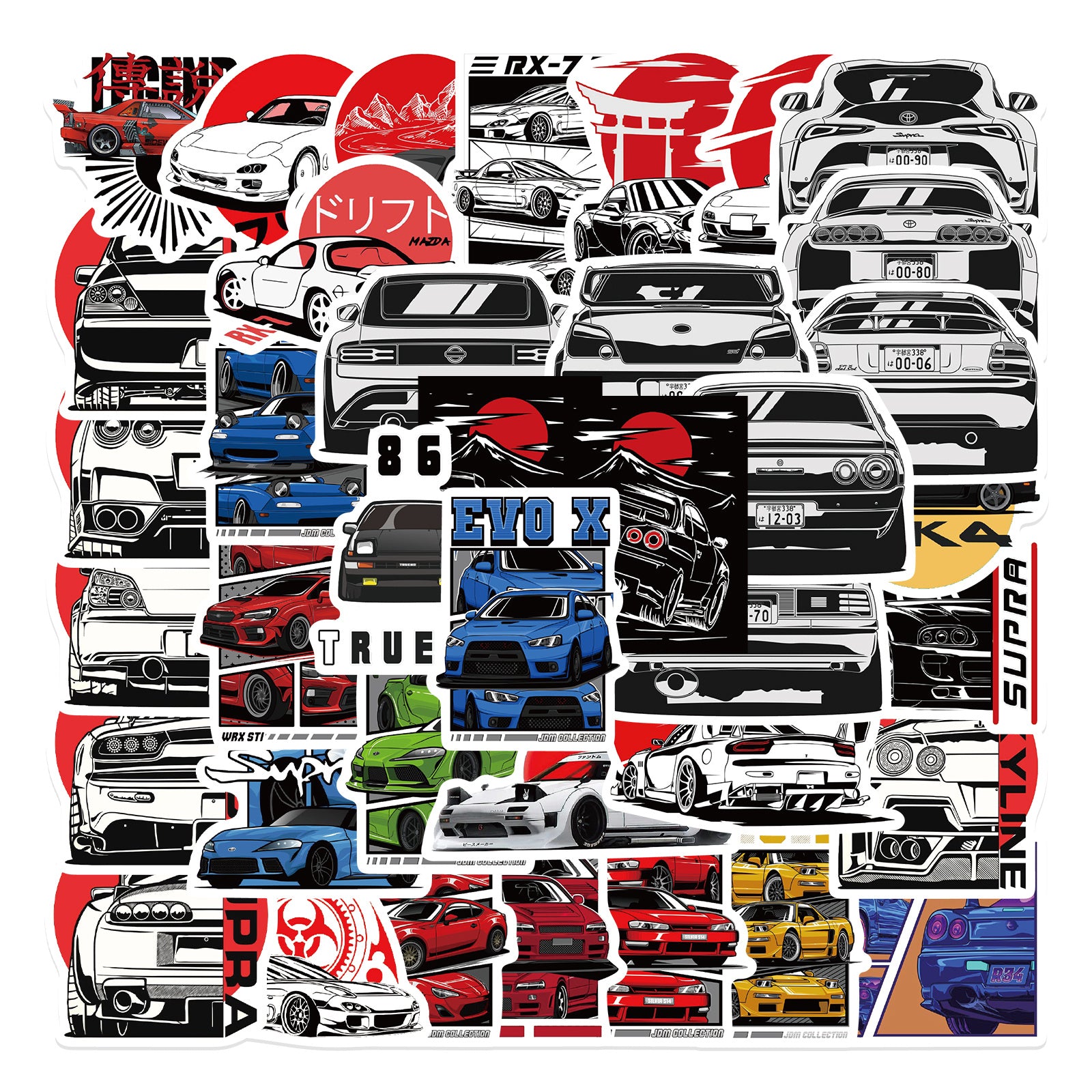 50pcs JDM Cartoon Car Stickers for Water Bottles Laptops Phone Cases