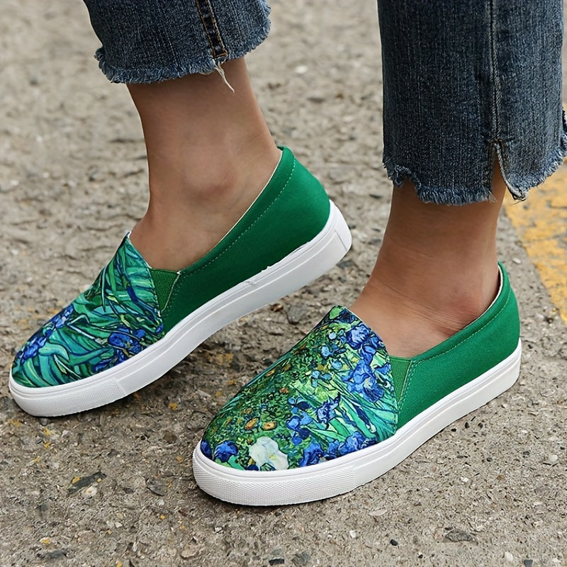 Women's Green Landscape Print Loafers Casual Slip On Canvas Shoes