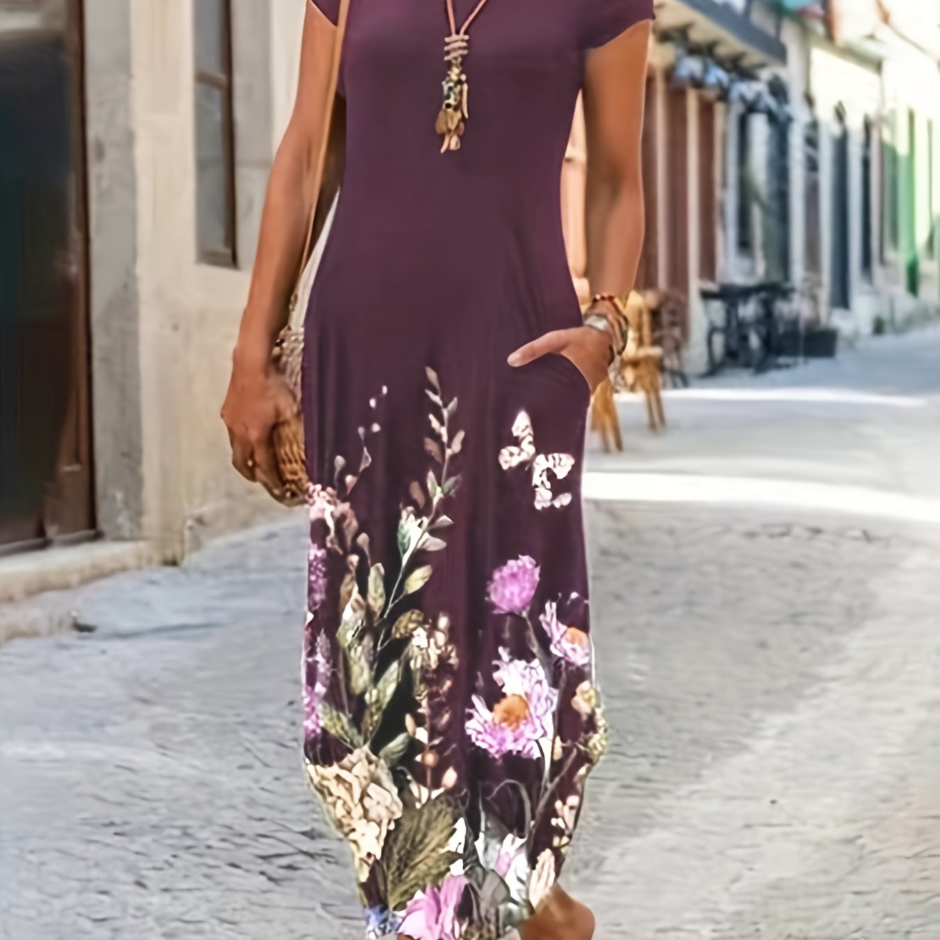 Women's Plus Floral Print Short Sleeve Dress With Pockets