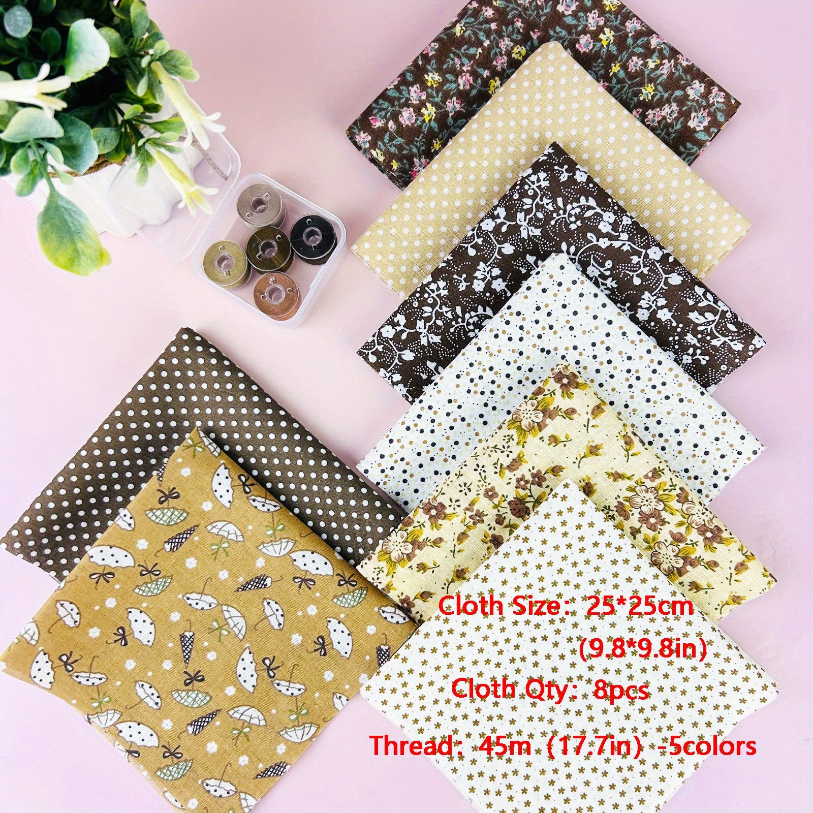 8pcs Floral Cotton Fabric Precut Bundles With Threads for DIY Sewing