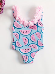 Watermelon Print Ruffle Trim Bikini Swimsuit for Baby Girl