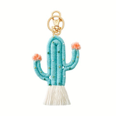 Men's Green Cactus Keychain Boho Handwoven Bag Pendant