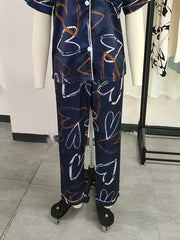 Heart Print Pajama Set Short Sleeve Buttons Top & Elastic Waistband Pants