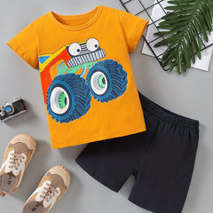 Boys Off-road Vehicle Print Outfit Round Neck T-shirt & Shorts
