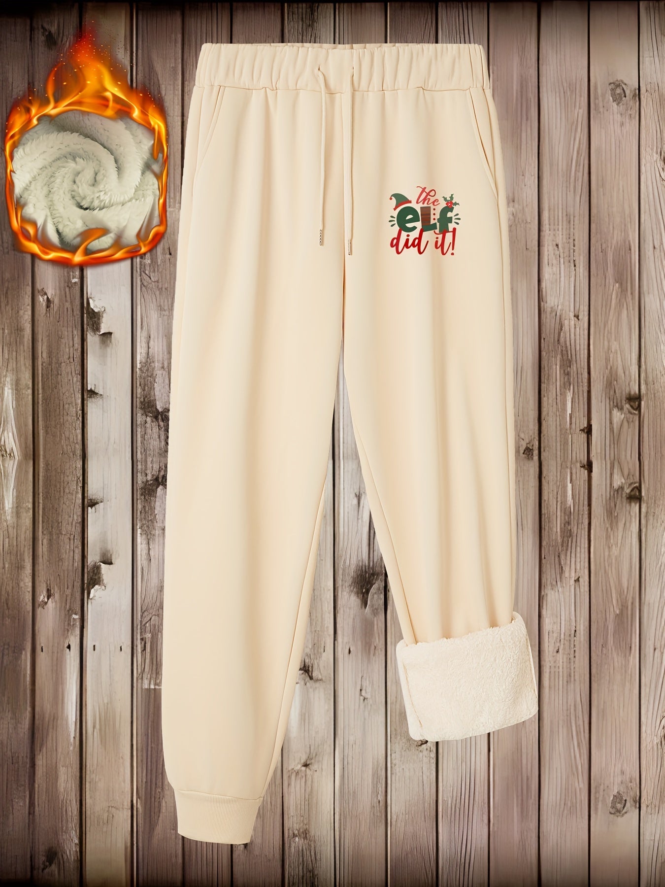 Christmas Casual Pants Women's Plus Letter Print Fleece Liner Elastic
