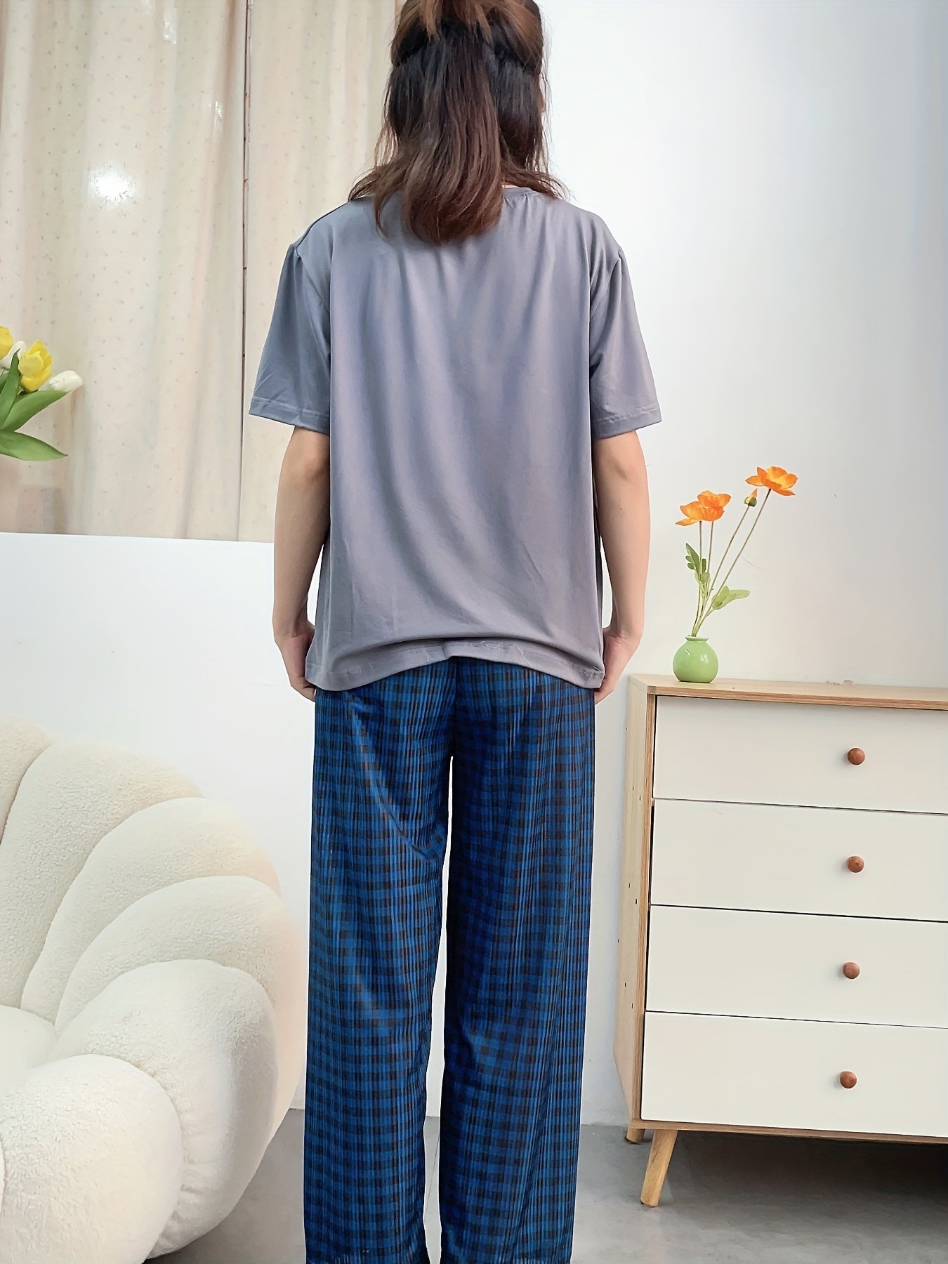 Plaid Pajama Set Crew Neck Short Sleeve Top & Elastic Waistband Pants