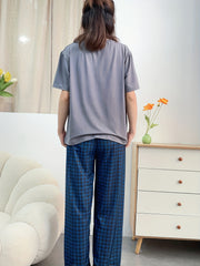 Plaid Pajama Set Crew Neck Short Sleeve Top & Elastic Waistband Pants