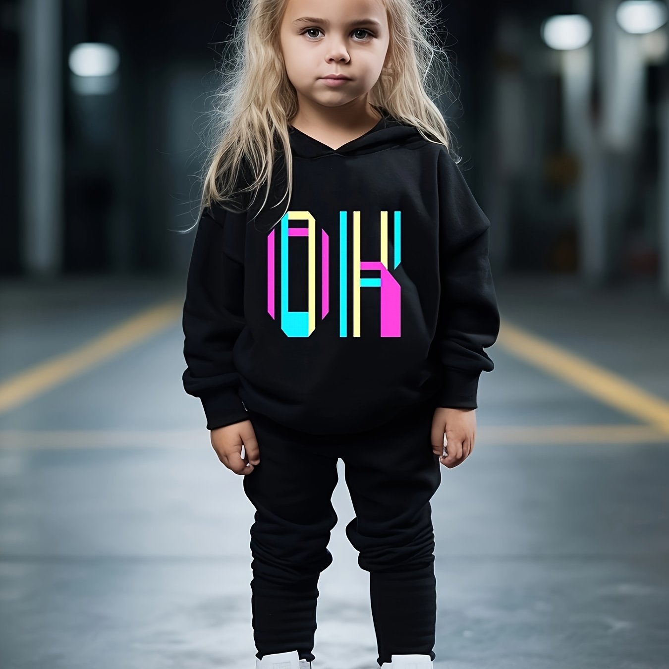 Girls 2pc Alphabets Crew Neck Sweatshirt & Solid Sweatpants Set