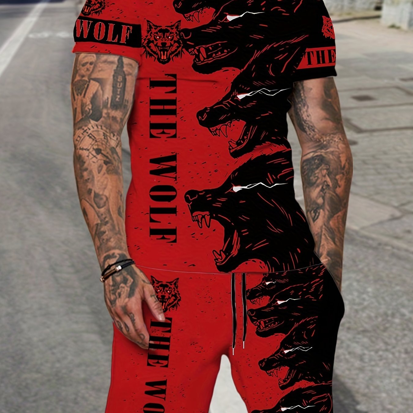 Men's Wolf Print T-shirt & Shorts Set for Outdoor