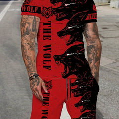 Men's Wolf Print T-shirt & Shorts Set for Outdoor