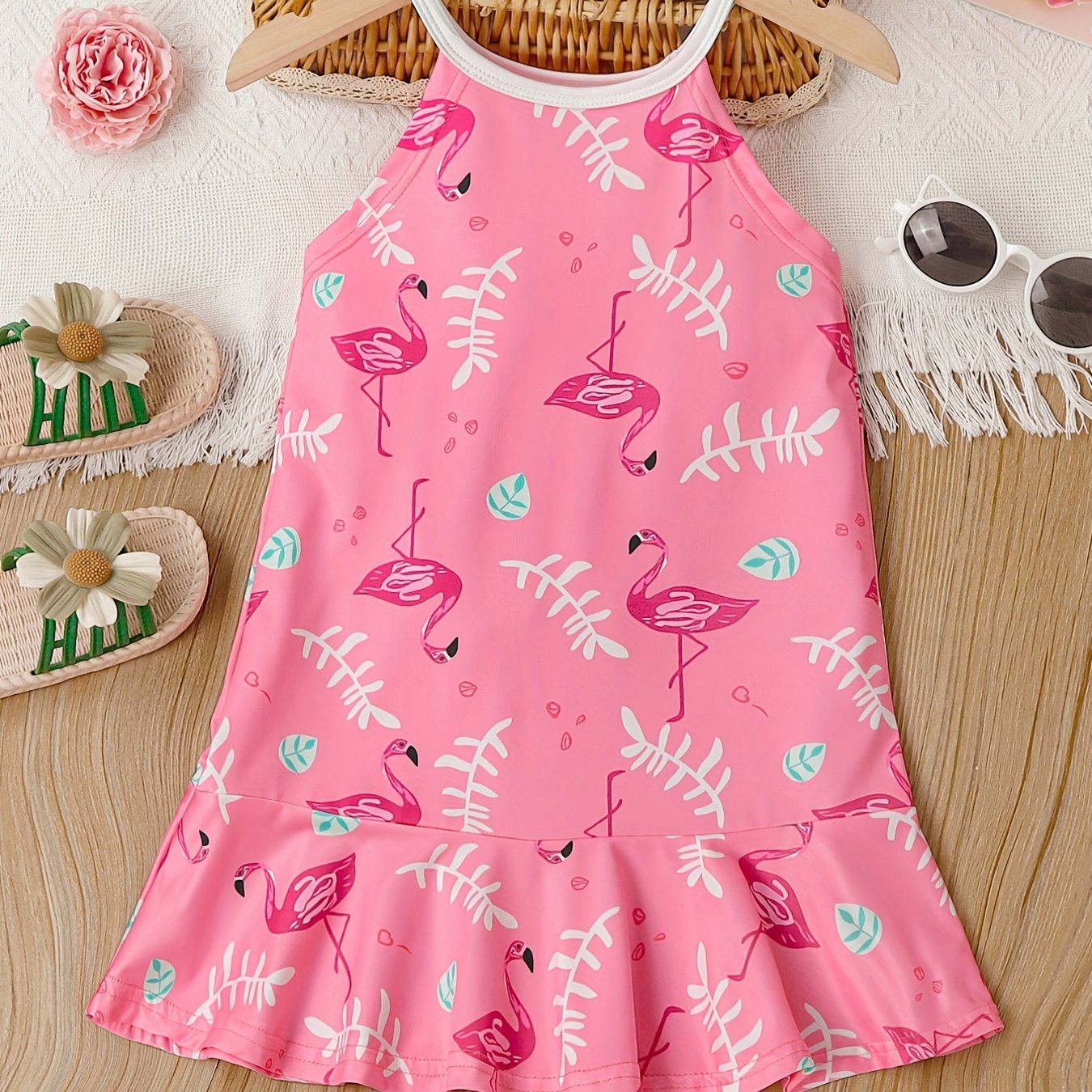 Flamingo Print Tank Dress Kids Summer Outfit