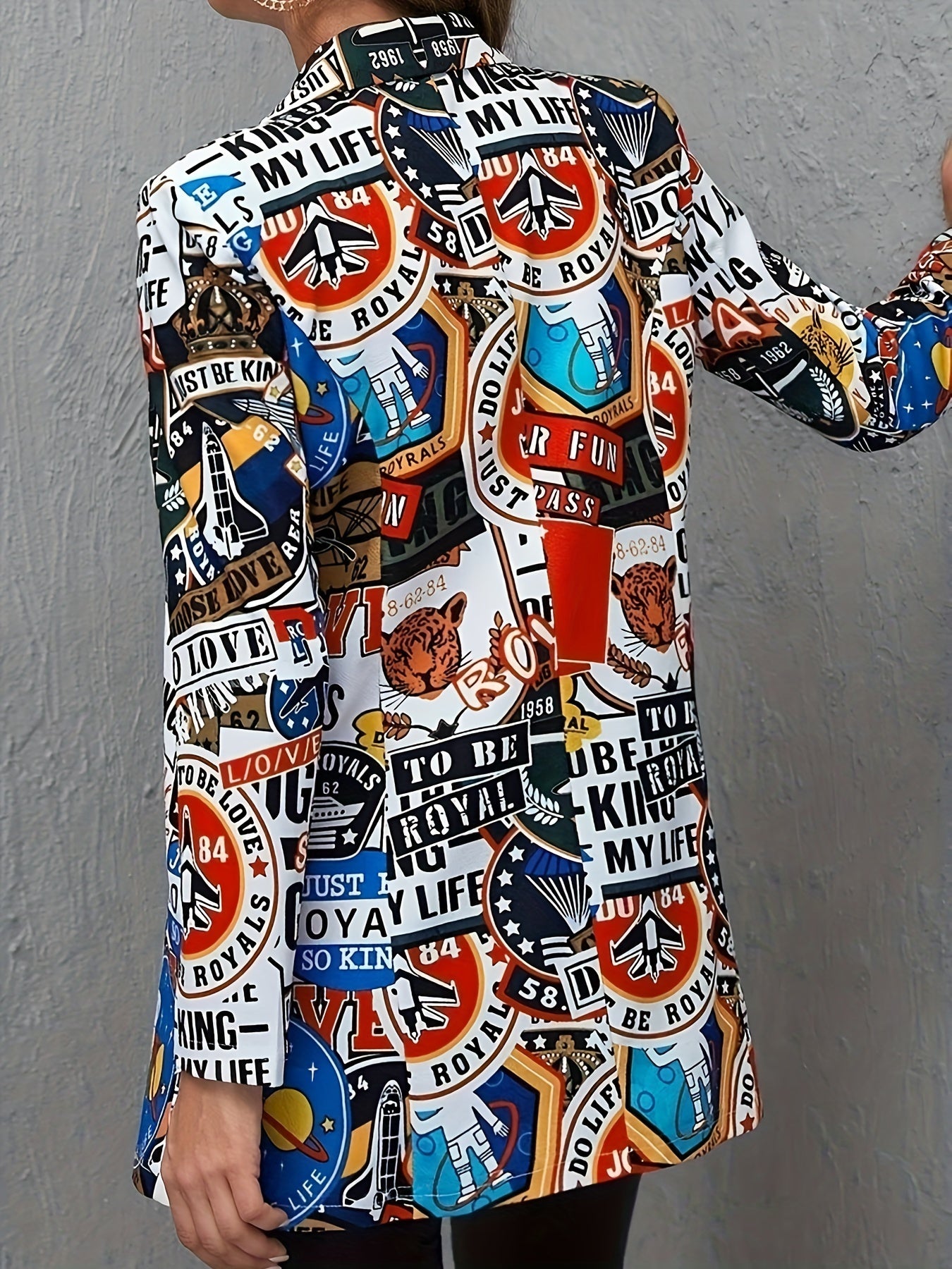 Boho Blazer Women's Plus Pop Art Print Button Up