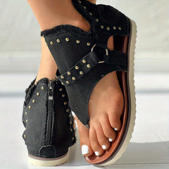 Women's Denim Sandals Back Zipper Open Toe Thong Sandals