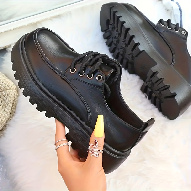 Women's Chunky Heel Loafers Lace Up Faux Leather Comfortable Walking Shoes