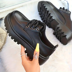 Women's Chunky Heel Loafers Lace Up Faux Leather Comfortable Walking Shoes