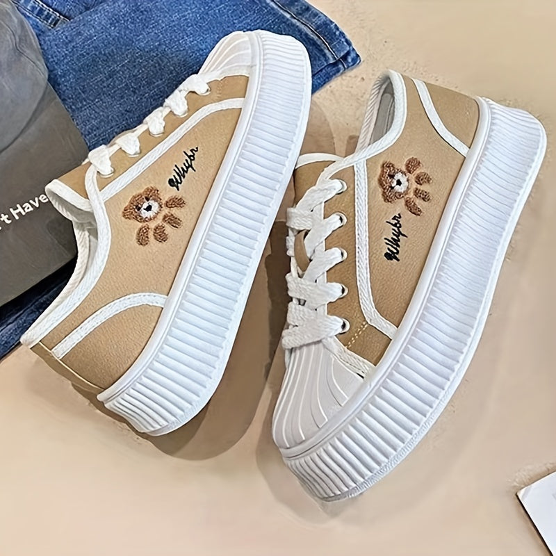 Women's Bear Pattern Platform Canvas Sneakers Soft Sole Skate Shoes
