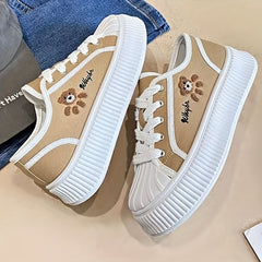 Women's Bear Pattern Platform Canvas Sneakers Soft Sole Skate Shoes