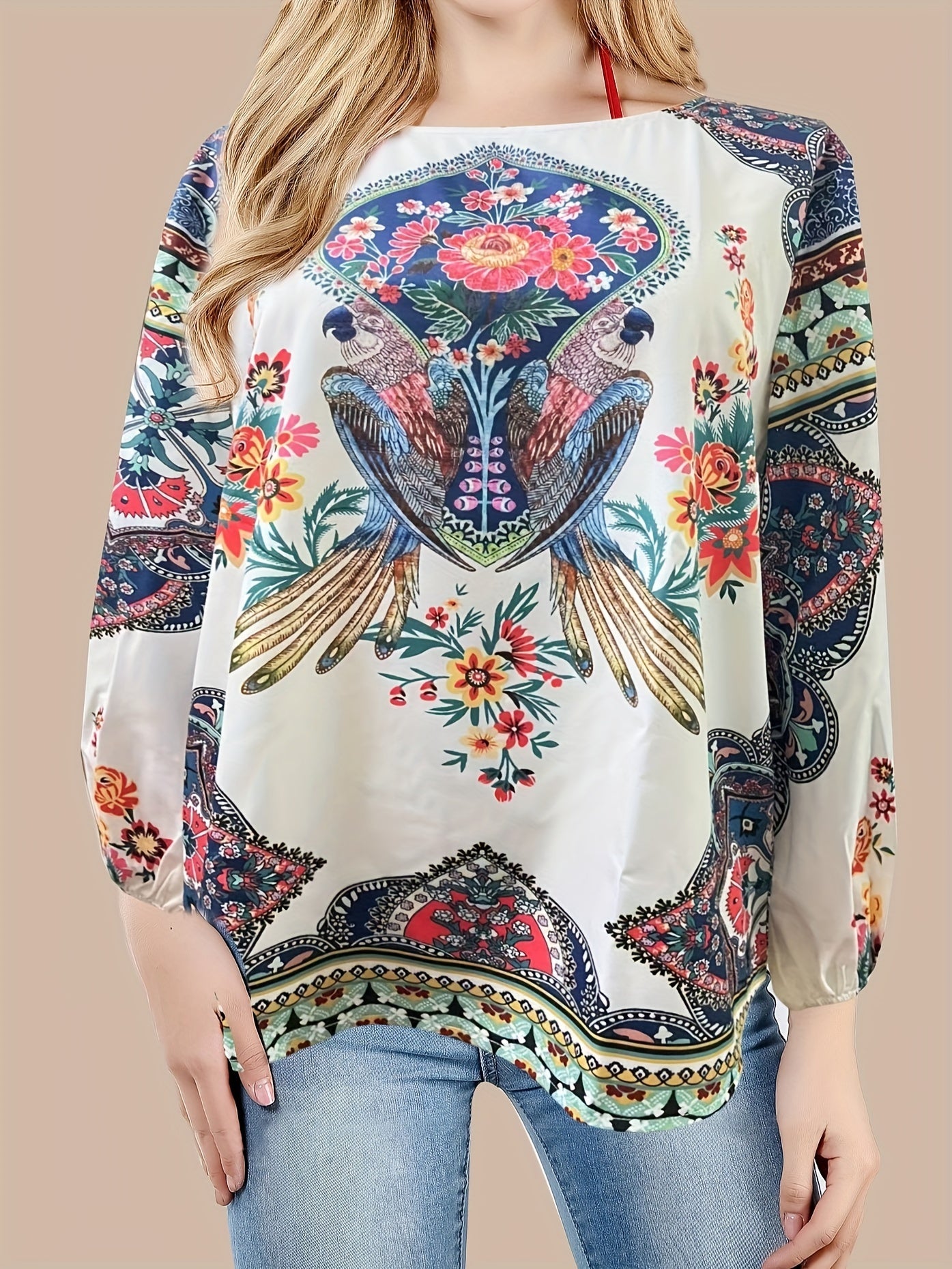 Retro Blouse Women's Plus Bird & Floral Print Top