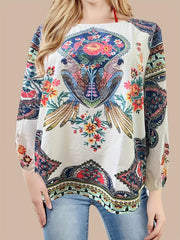 Retro Blouse Women's Plus Bird & Floral Print Top