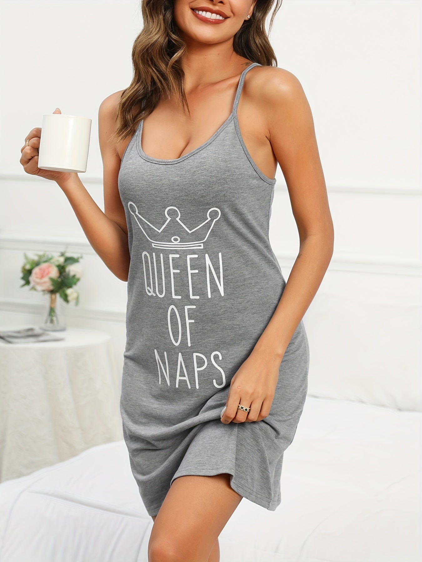 Letter Print Nightdress Round Neck Sleepwear