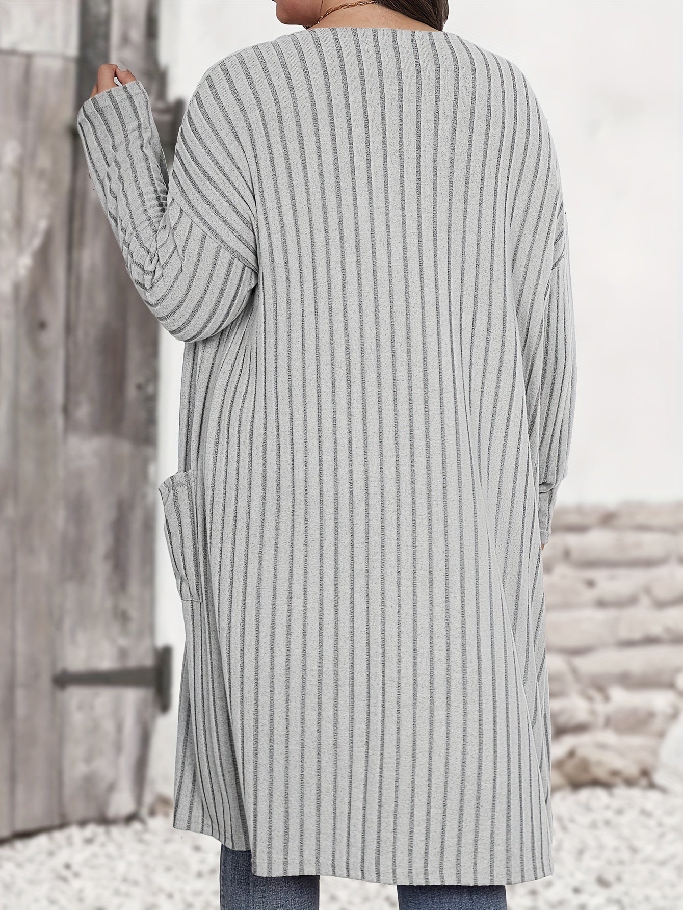 Solid Ribbed Long Sleeve Open Front Knit Cardigan