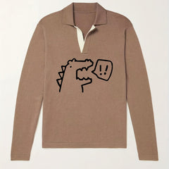 Dino Pattern Knit Polo Shirt Men's Casual Sweater