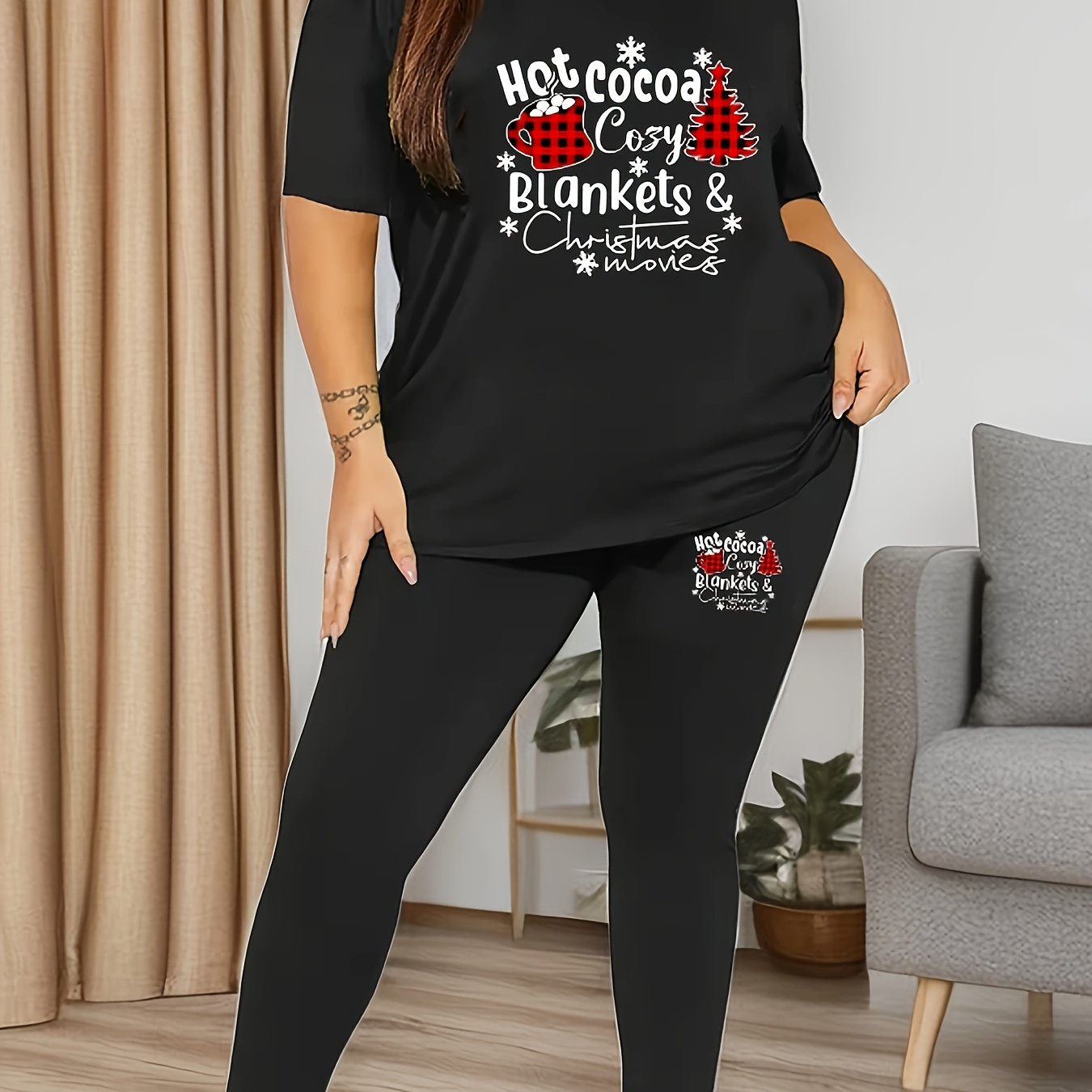 Christmas Casual Outfits Set Women's Plus Christmas Tree & Letter Grap