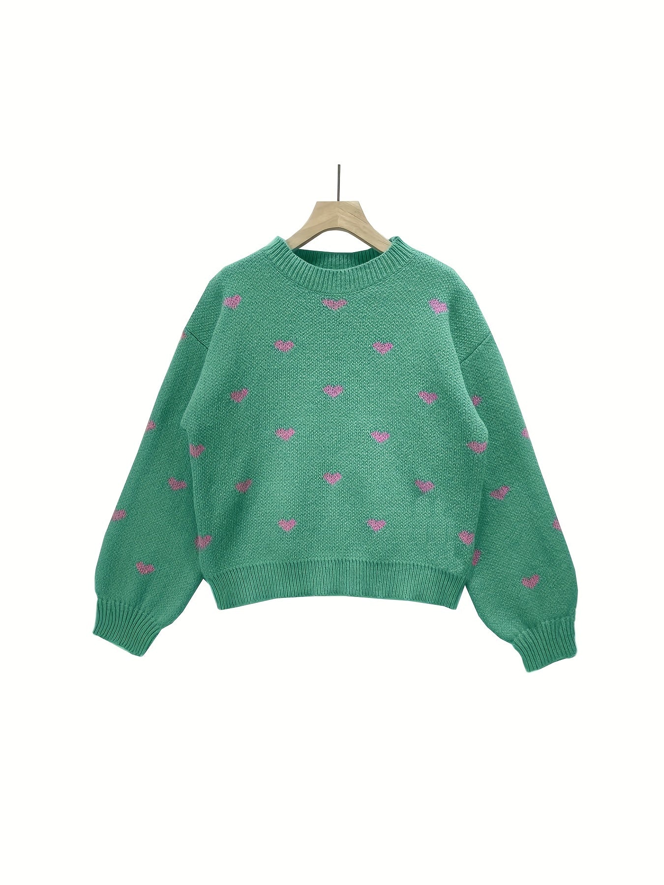 Heart Print Mock Neck Knit Sweater Casual Drop Shoulder Long Sleeve