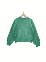 Heart Print Mock Neck Knit Sweater Casual Drop Shoulder Long Sleeve