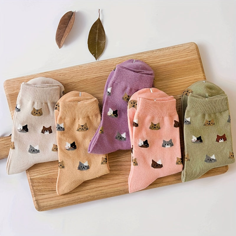 5 Pairs Cat Print Mid Tube Socks Women Stockings