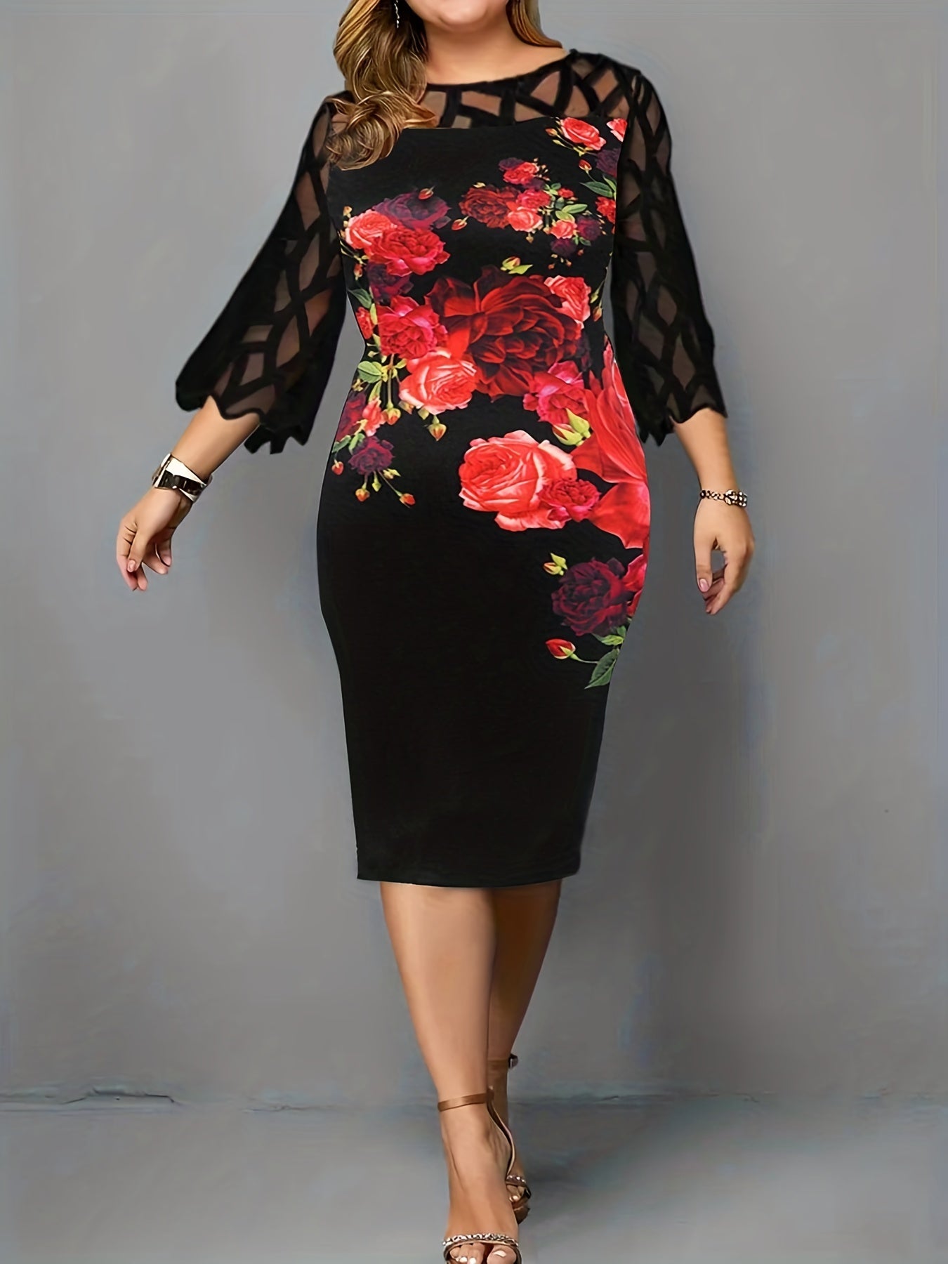 Stripe Print Lace Panel Sleeve Dress