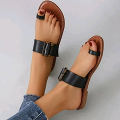 Women's Toe Loop Flat Sandals with Buckle - Retro Style