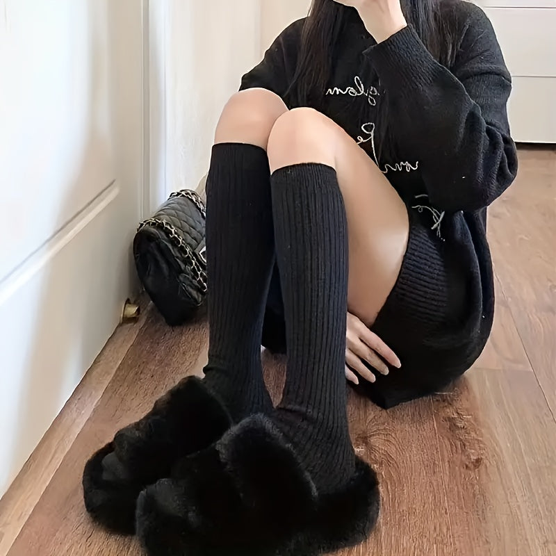 3 Pairs Solid Calf Socks Comfy Knee High Socks Women's Stockings