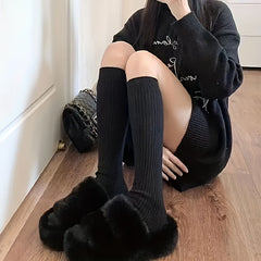 3 Pairs Solid Calf Socks Comfy Knee High Socks Women's Stockings