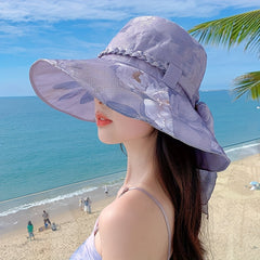 Braided Ribbon Bow Decor Sun Hat Wide Brim Foldable Bucket Hat