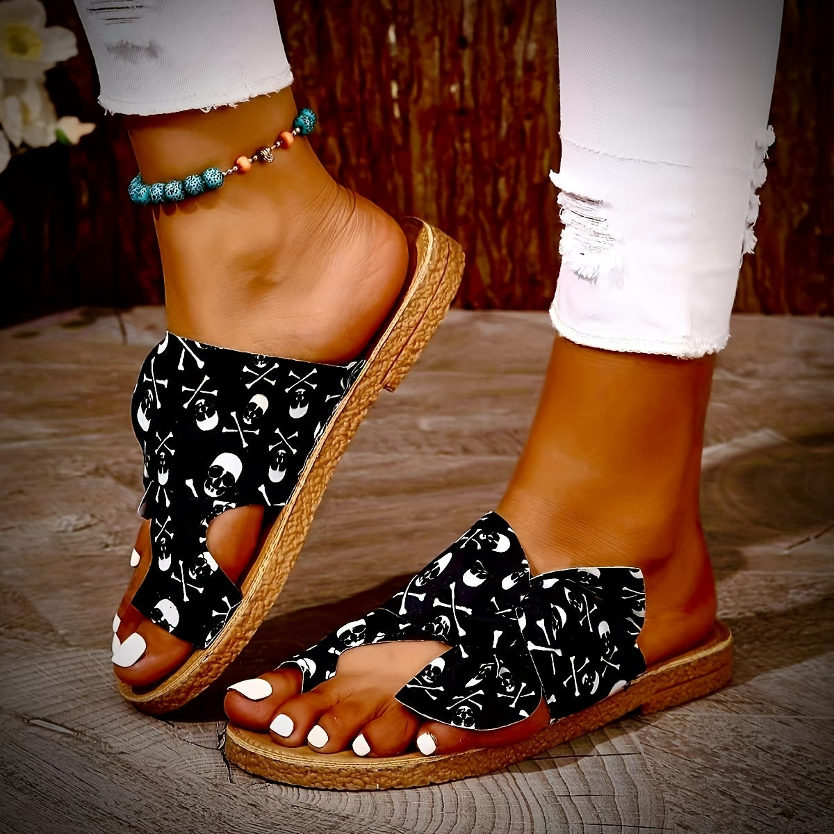 Women's Skull Bowknot Sandals Open Toe Flat Slides Shoes