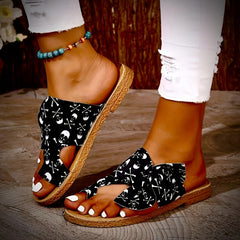 Women's Skull Bowknot Sandals Open Toe Flat Slides Shoes