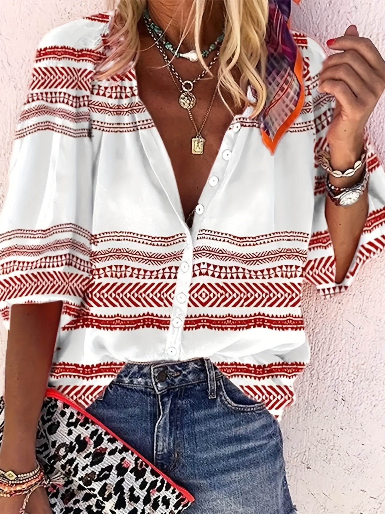 Painting Print Button Up Long Sleeve Blouse