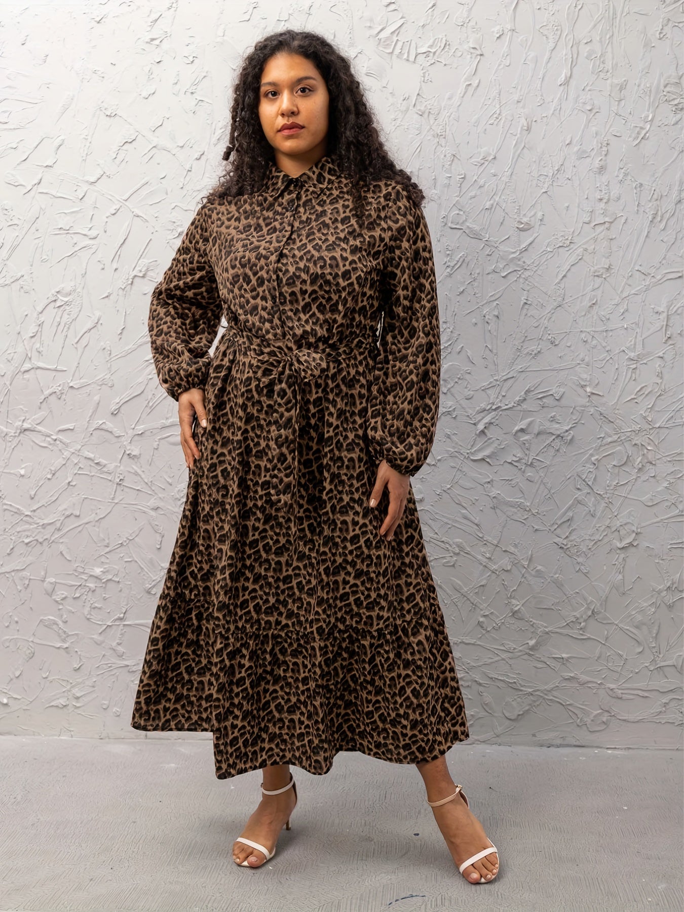 Leopard Print Long Sleeve Maxi Shirt Dress With Belt